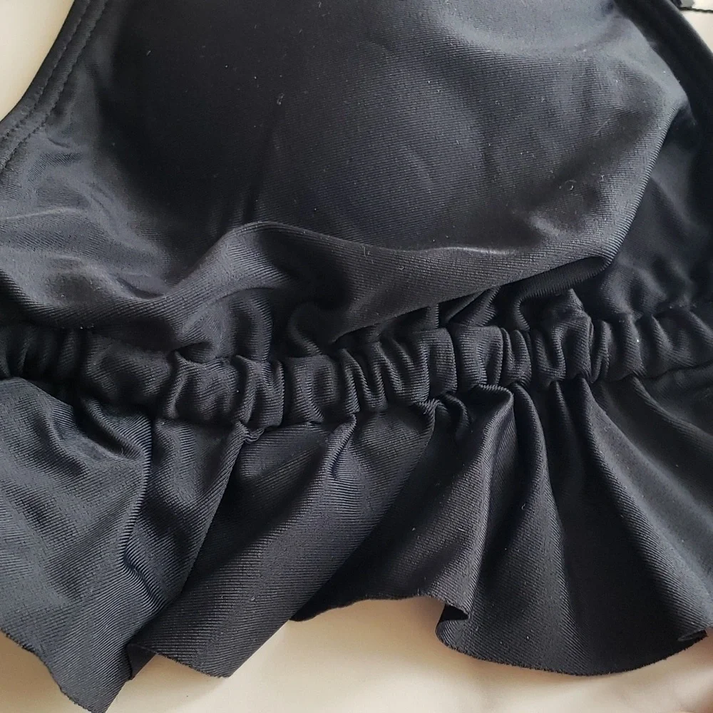 SPORLIKE Ruffle V Neck High Waisted Bikini in Black Size XL